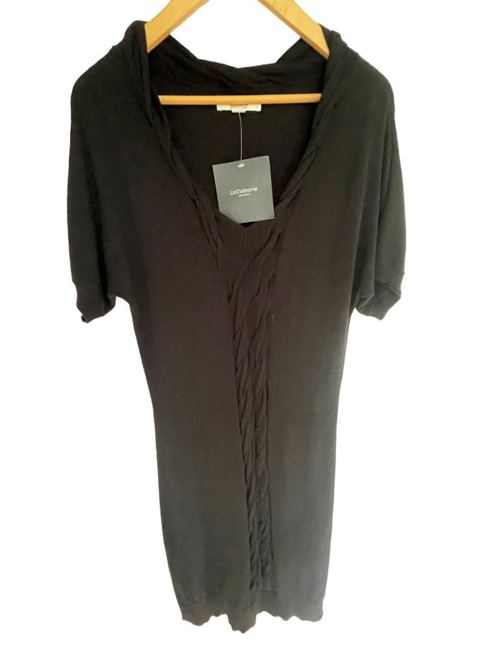 Liz Claiborne Black Sweater Dress S NWT Cable Knit Short Sleeve Stretch $139 MSR